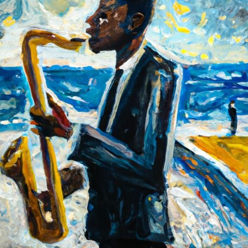 An impressionist painting of John Coltrane playing tenor sax...