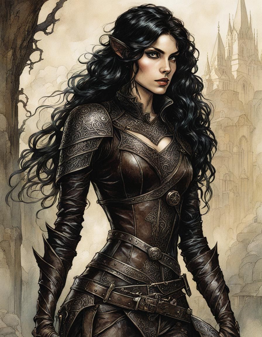 Elf Rogue in Black Armor: Arthur Rackham Style