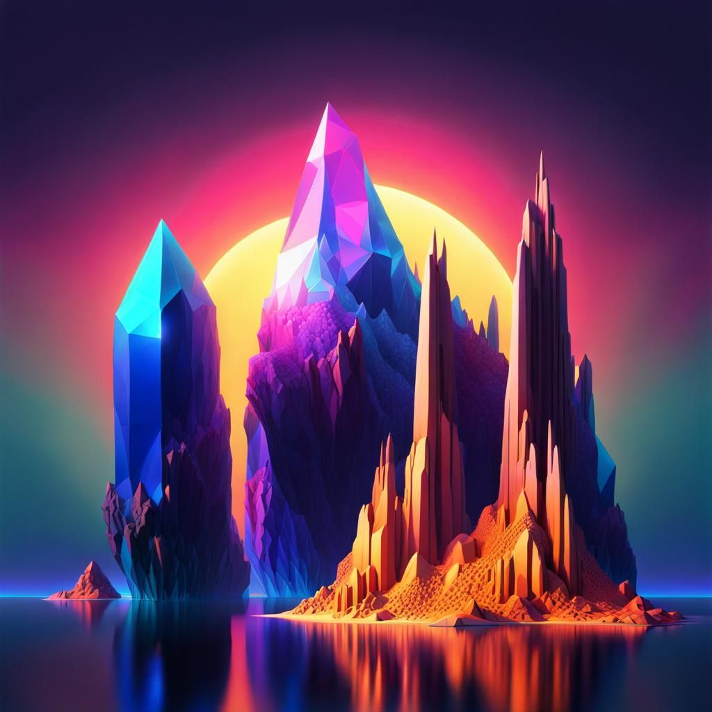 A brilliant crystalline alien landscape, luminous, tetradic colors ...