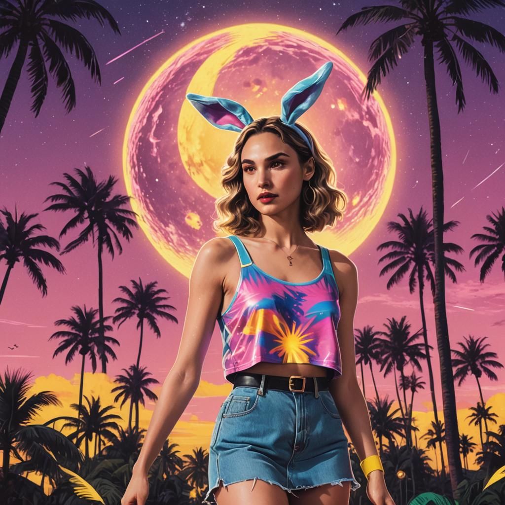 gal gadot,blonde faux bob hair,with a mini skirt,galaxy tank top,long  socks,bunny ears,into retro wave vhs with palm trees and a big yellow... -  AI Generated Artwork - NightCafe Creator