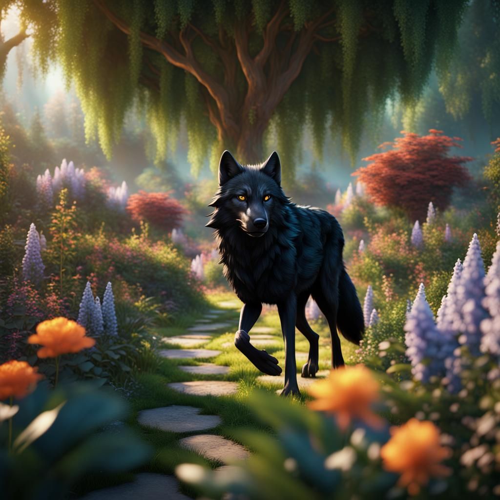 Black Wolf Strolling Through a Fantasy Garden