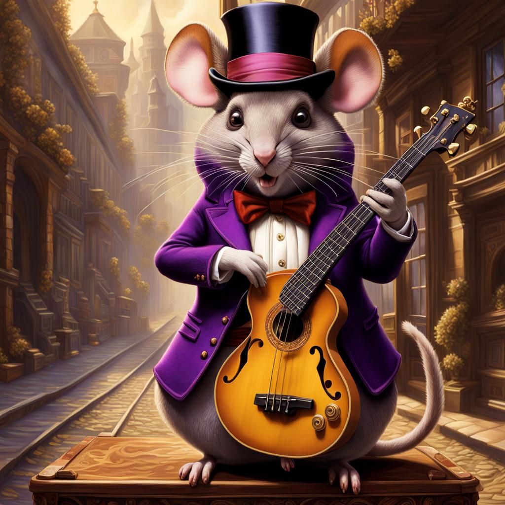 Mouse dressed as Willy Wonka playing a bass guitar,