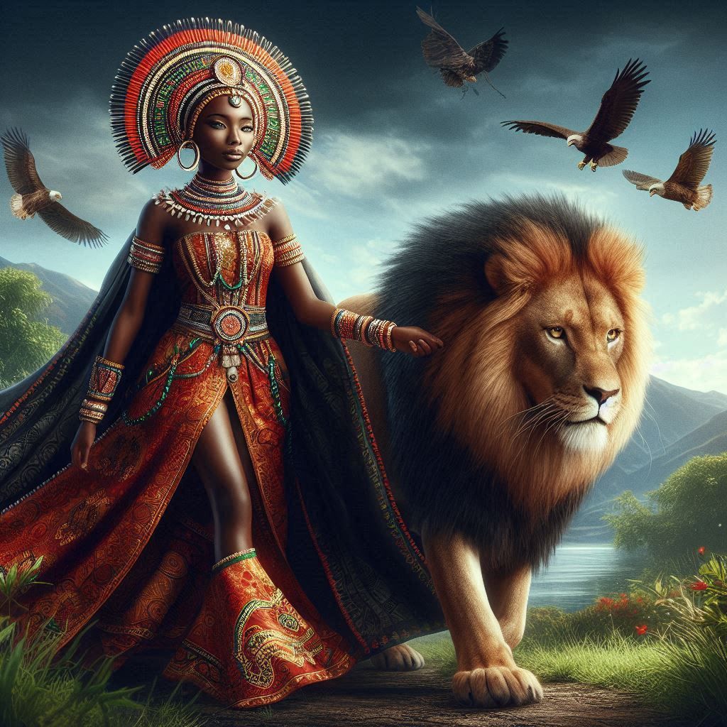 BEAUTIFUL AFRICAN QUEEN WITH A LION