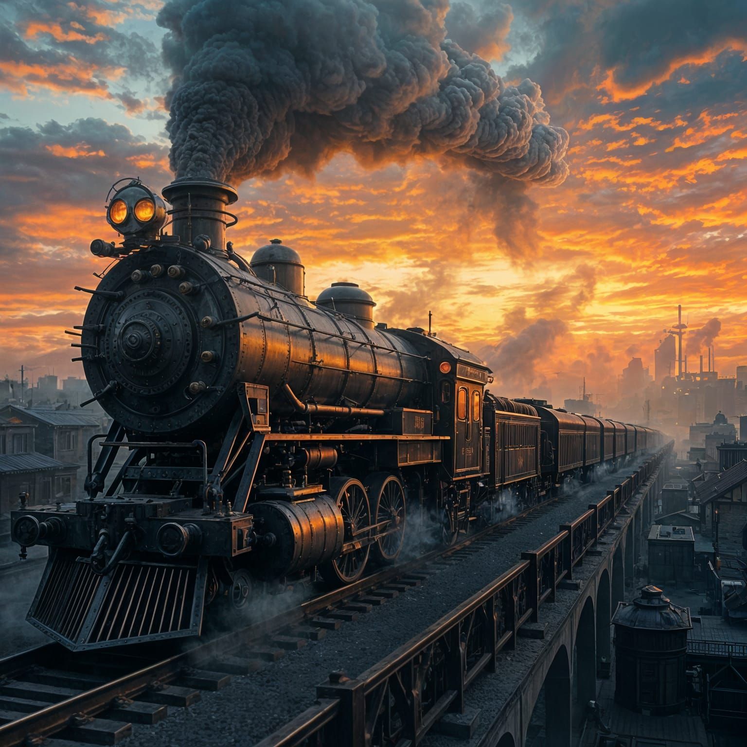 A colossal biomechanical steam engine train, its brass pistons gleaming under a twilight sky, chugs through ...  by @Granite-007