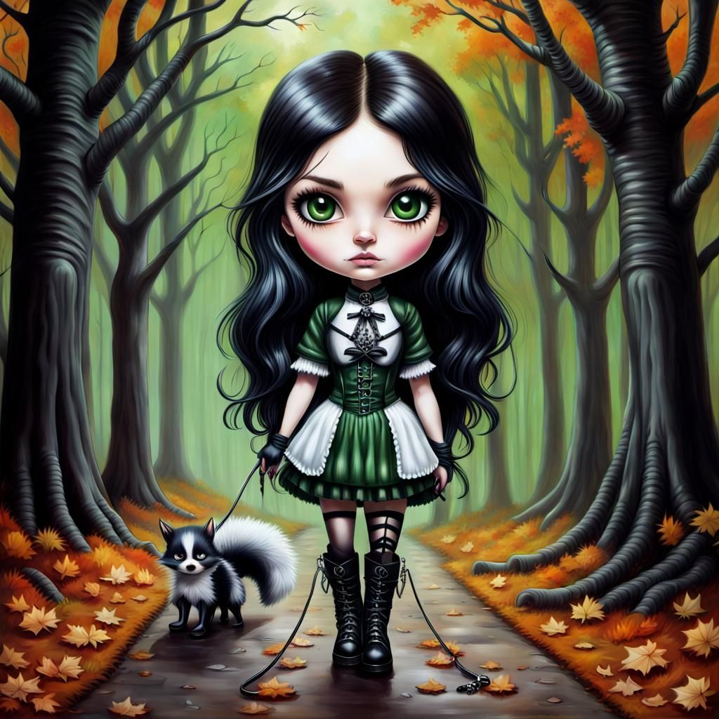 Gothic Chibi Woman Walking Skunk: Airbrushed Oil Painting