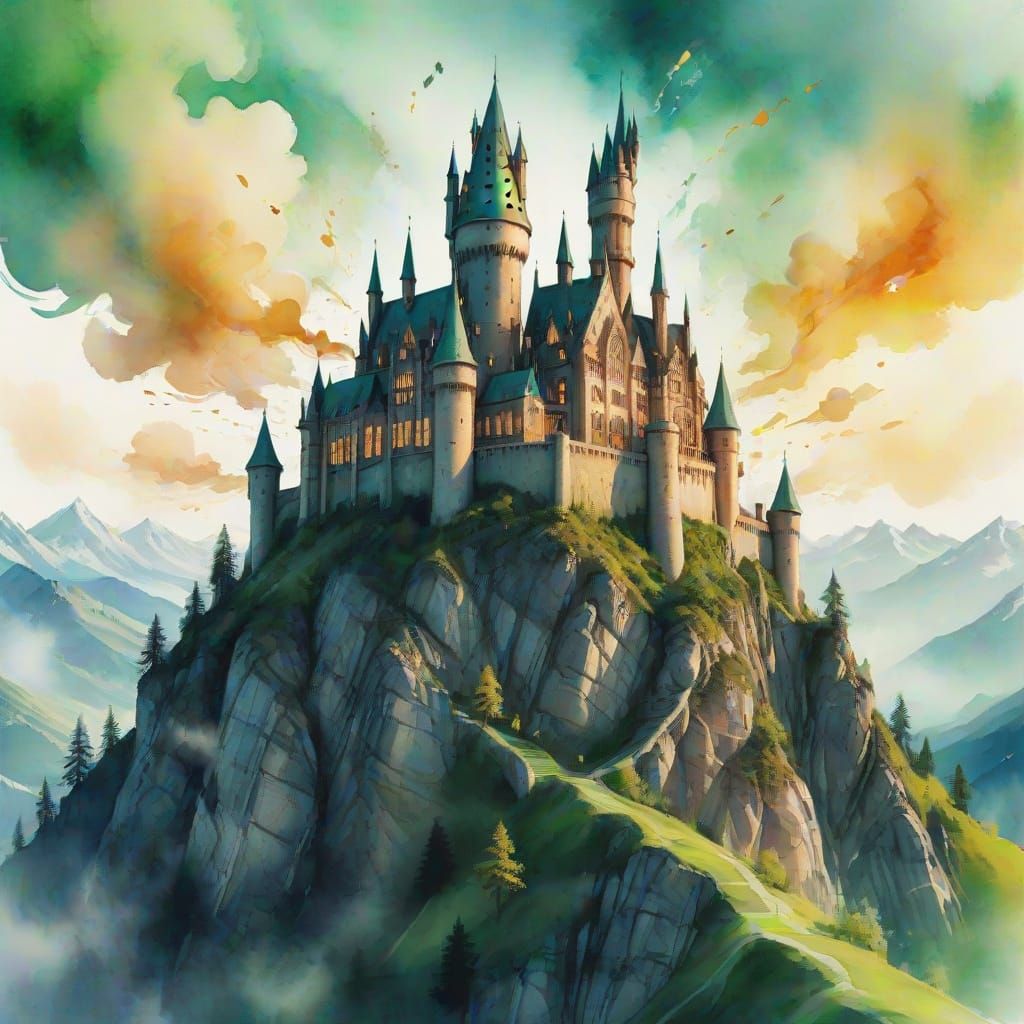 Magical Castle in Watercolor Style with Double Exposure