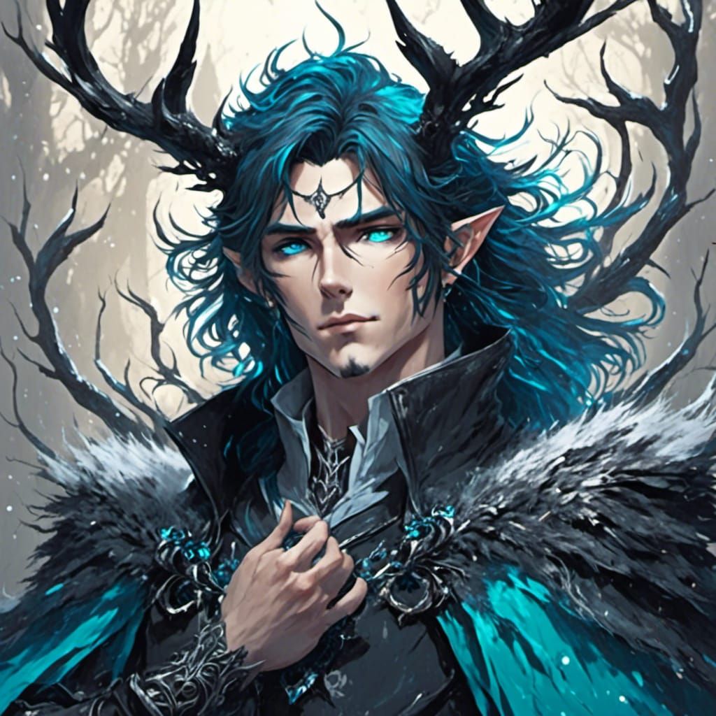 Anime Style Elf with Teal Eyes and Blue Antlers