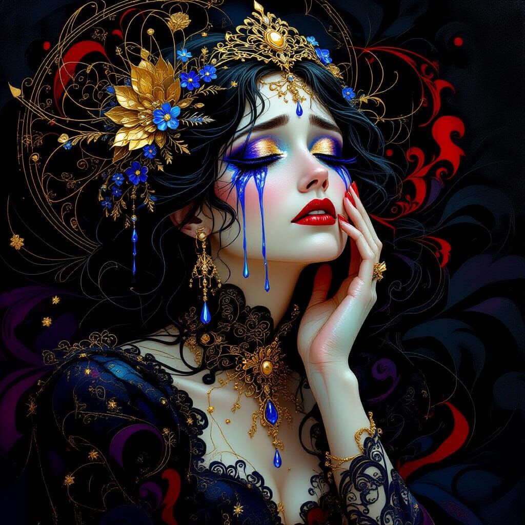 A glass statue of a woman,surrounded by black and red ink, the woman cries blue tears. she is covered ...  by @Lyria