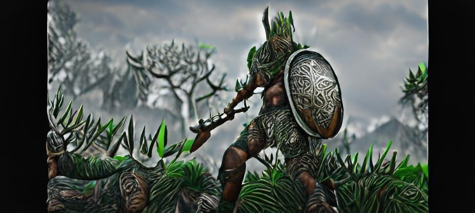 Tree armor Viking with vines axe and shield jungle landscape...