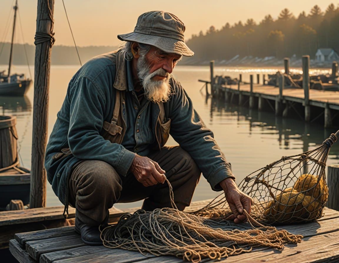 . A grizzled old fisherman mending his nets on a weathered wooden dock at dawn, the sun rising behind ...  by @rod1947