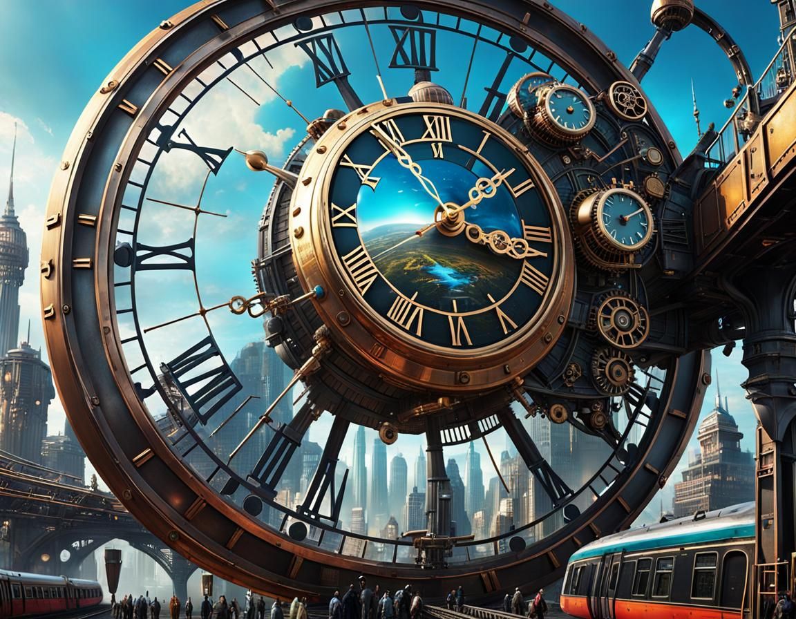 Illusion of time: Giant steampunk clock in futuristic sity
