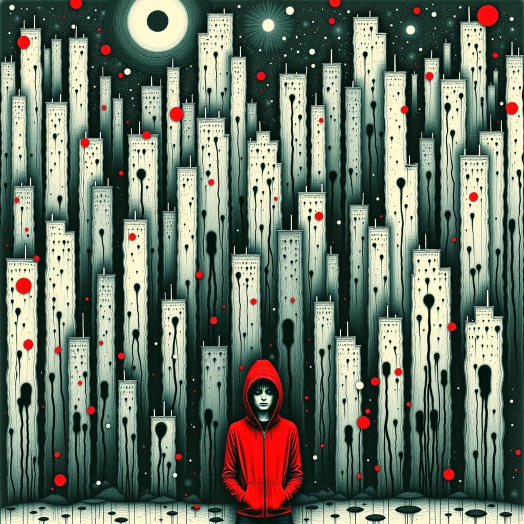 <lora:TriXy3:1.0> Banksy Oil painting in red black and white  haunting, exploration of identity