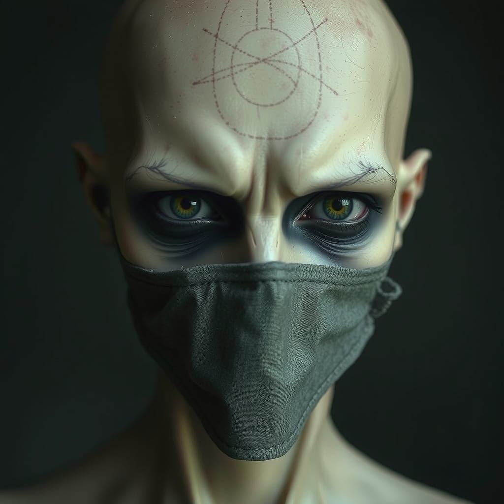 uncanny person, black eyes, eerie, partial censor patch on t...