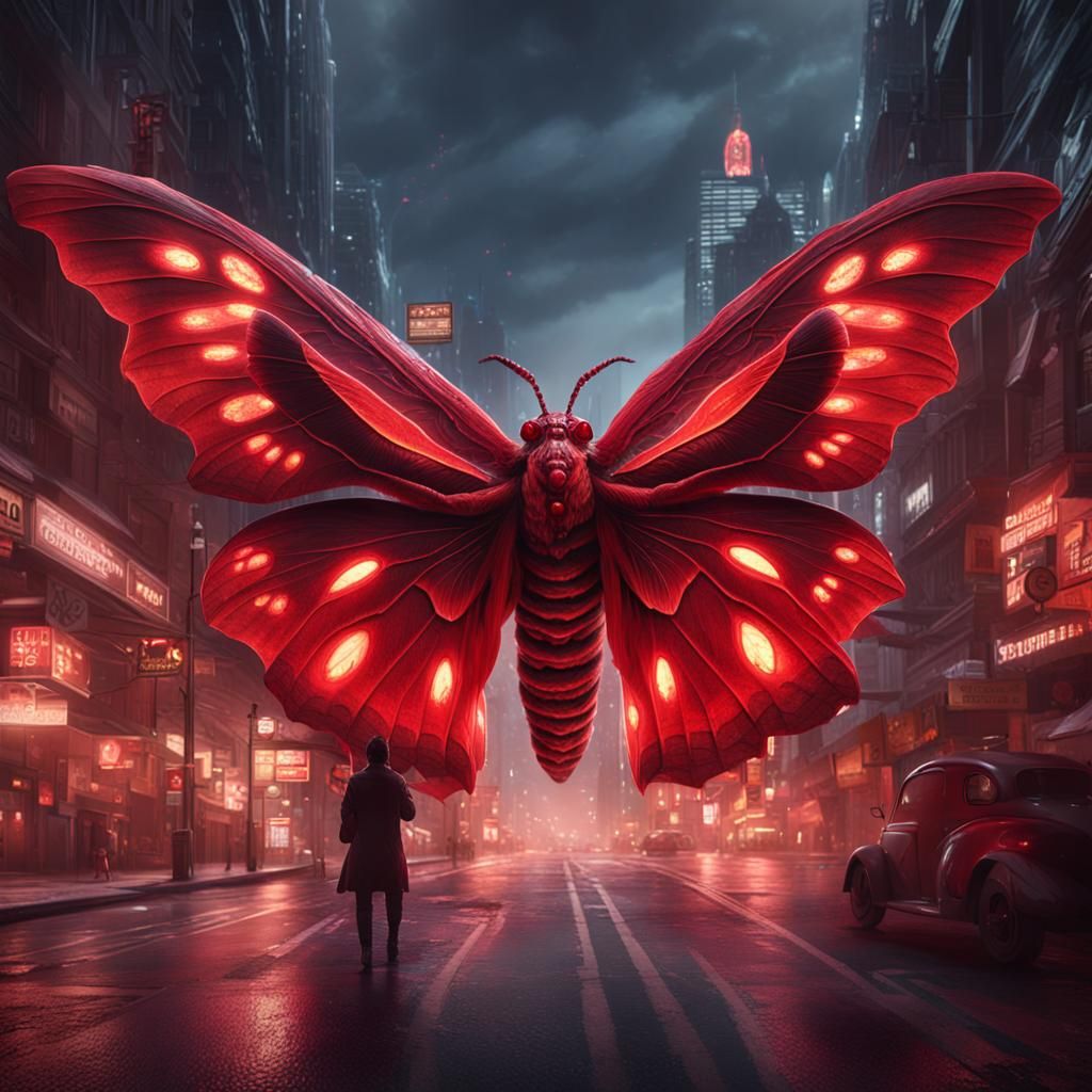 A giant monstrous red humanoid moth with a glowing red tail,...