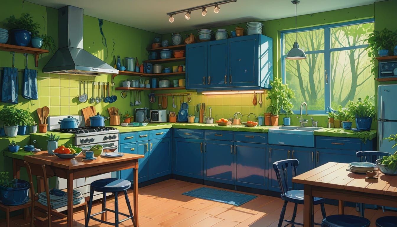 modern kitchen, modern comic book style, moebius, ghibli, erin hanson, gouache, watercolor, mossy green, indigo blue, orange, yellow, white,...
