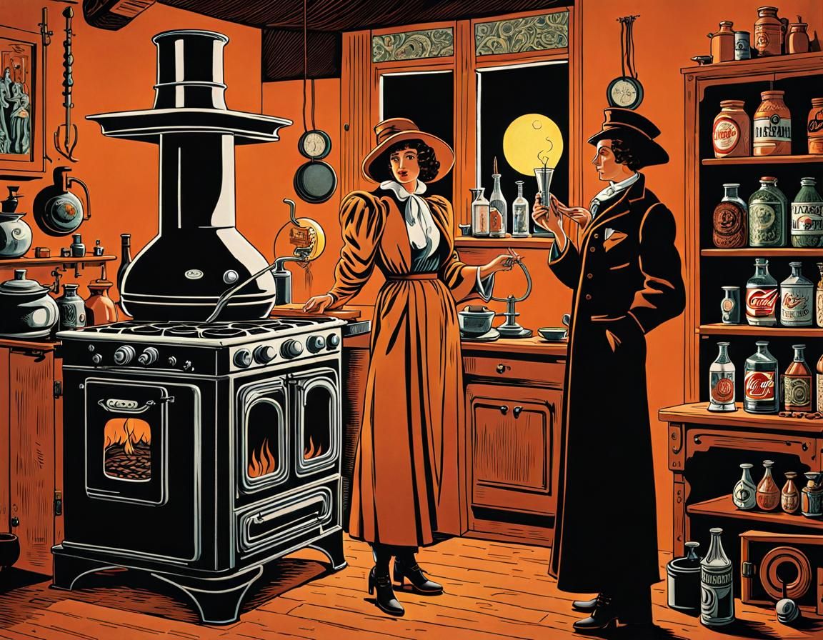 a couple of people that are standing in front of a stove, an...