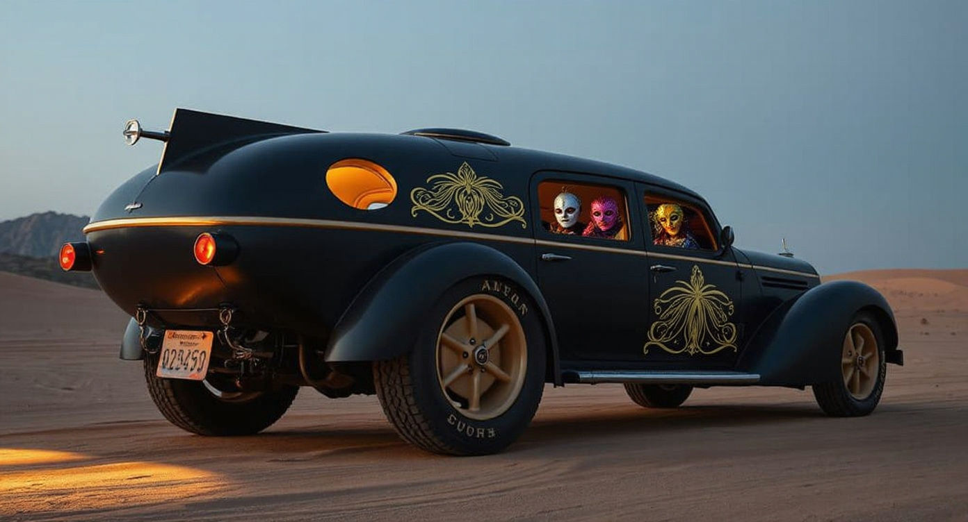 a very big and sleek car seen in the desert at a future Burning Man show