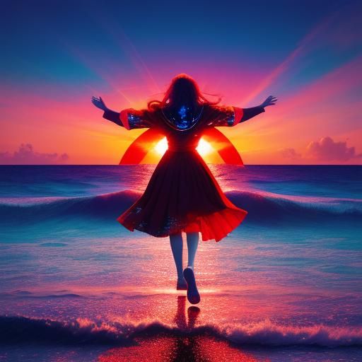 Walking to the sea in front of a red sun