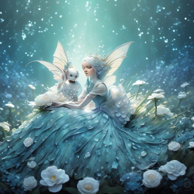 <lora:Creepy Cute DSV8:1.0> A colorful hand drawn delicate fantasy art of an adorable pixie with white messy hair, a head band of teal flowe...