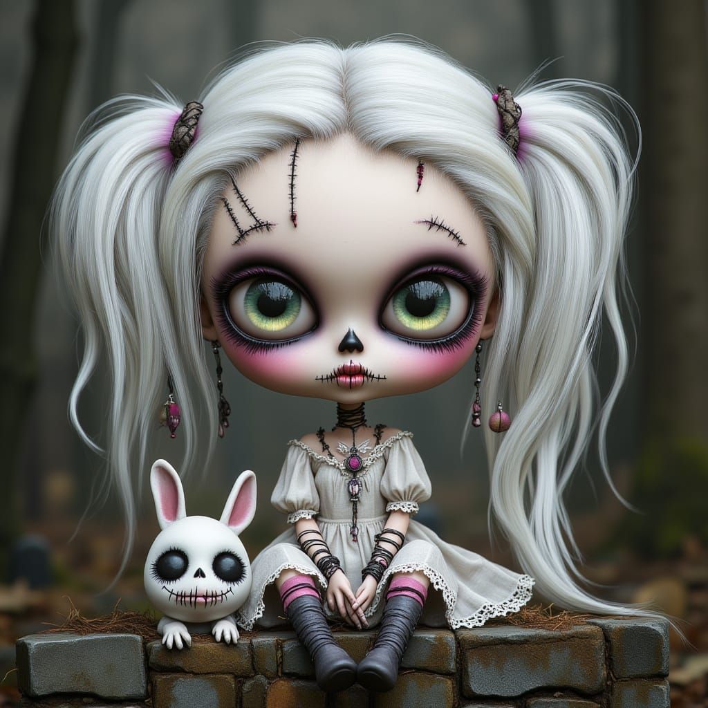 <lora:Ugly Dolls:1.0>punky tall chibi, white patchwork lace Gauzy tulle clothing, expressive eyes, flowing  white disheveled hair with braid...