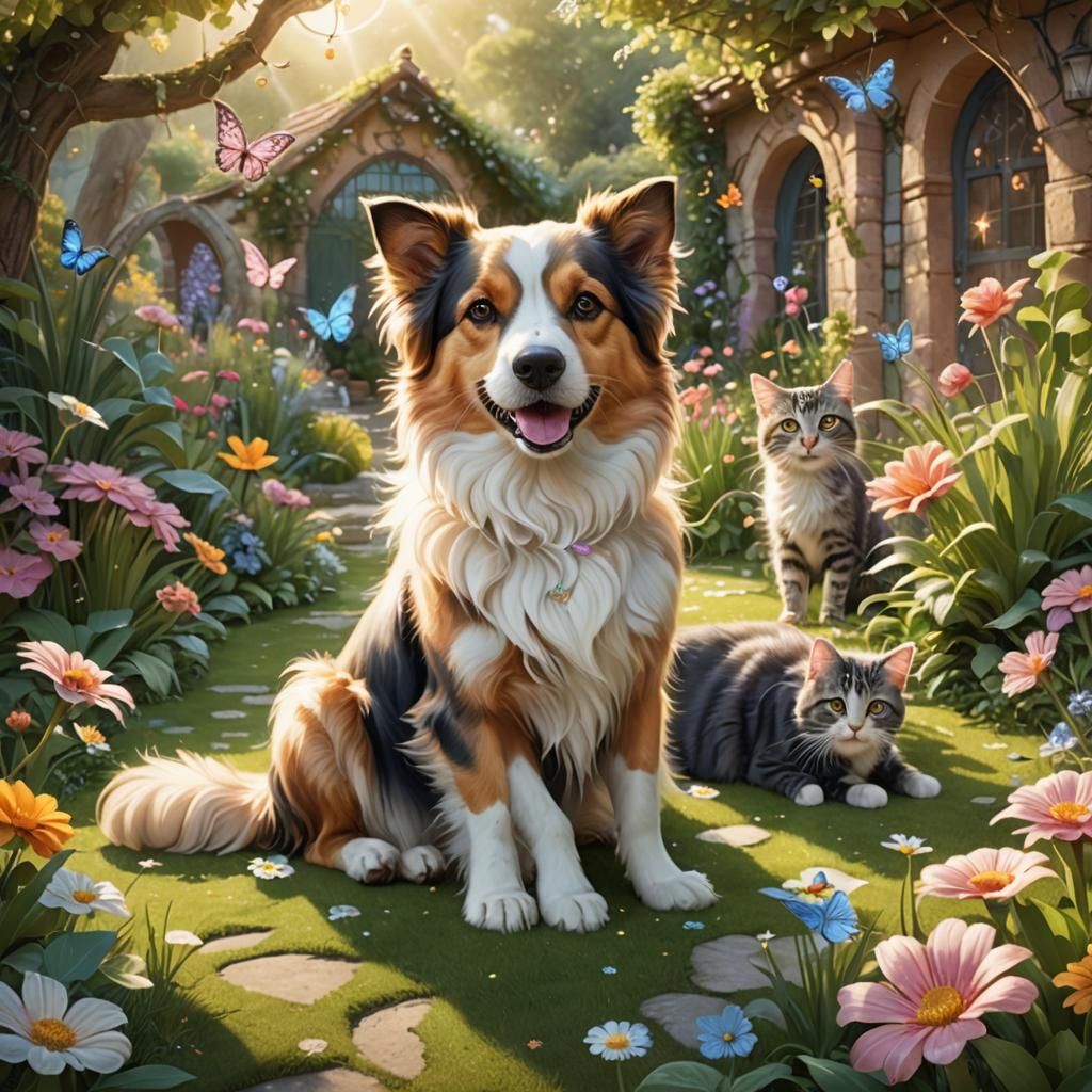 Playful Dog and Cat in Whimsical Fantasy Garden
