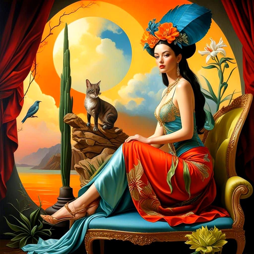 Surrealistic Portrait of a Flamboyantly Dressed Lady in a Wh...