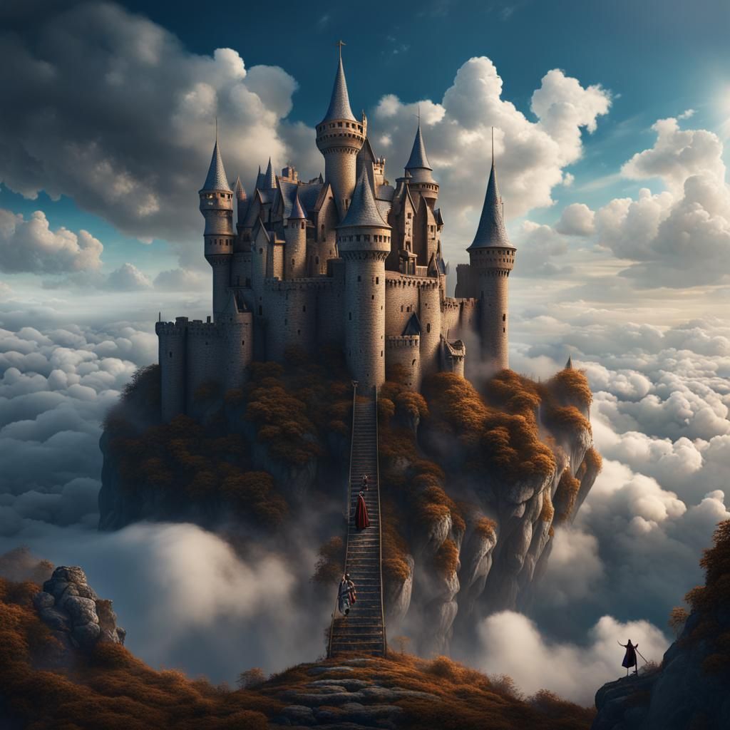 A wizard's medieval castle in the sky on top of the cloud wi...