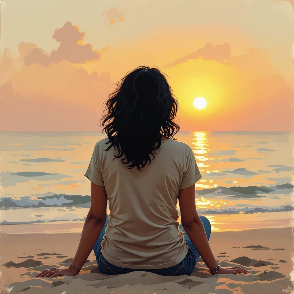 A middle-aged Indian woman (around 50) wearing a T-shirt, little heavy body type, sitting on the sand at a sea beach, watching the sunset. S...