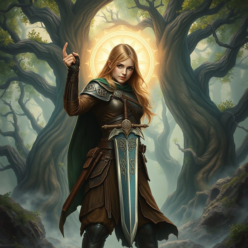 Majestic Female Warrior in Celtic-Inspired Fantasy Forest