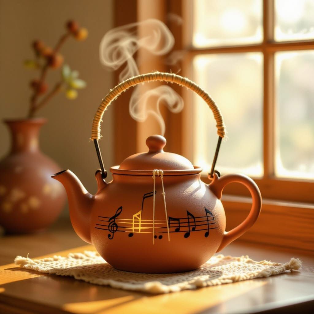 Musical Teapot Emitting Harp Sounds in Warm Earthen Style