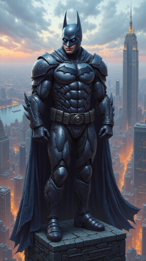 Batman wearing a cyber power armor suit at the top of a skyscraper.
<lora:Purple Visions:1.0>