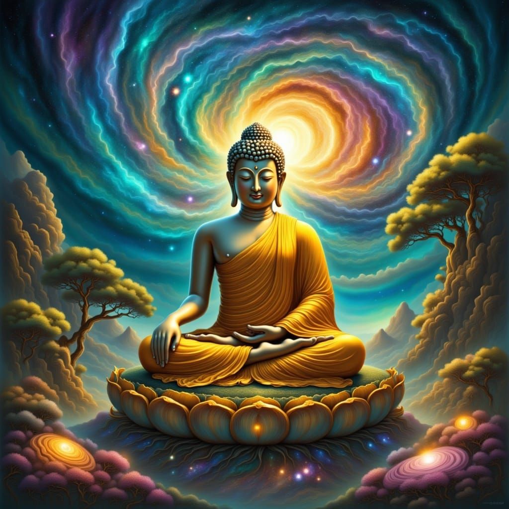 Buddha, draped in a yellow robe, meditating amidst a mesmerizing universe filled with vibrant galaxy clusters and stars. <lora:Movement-bg-f...