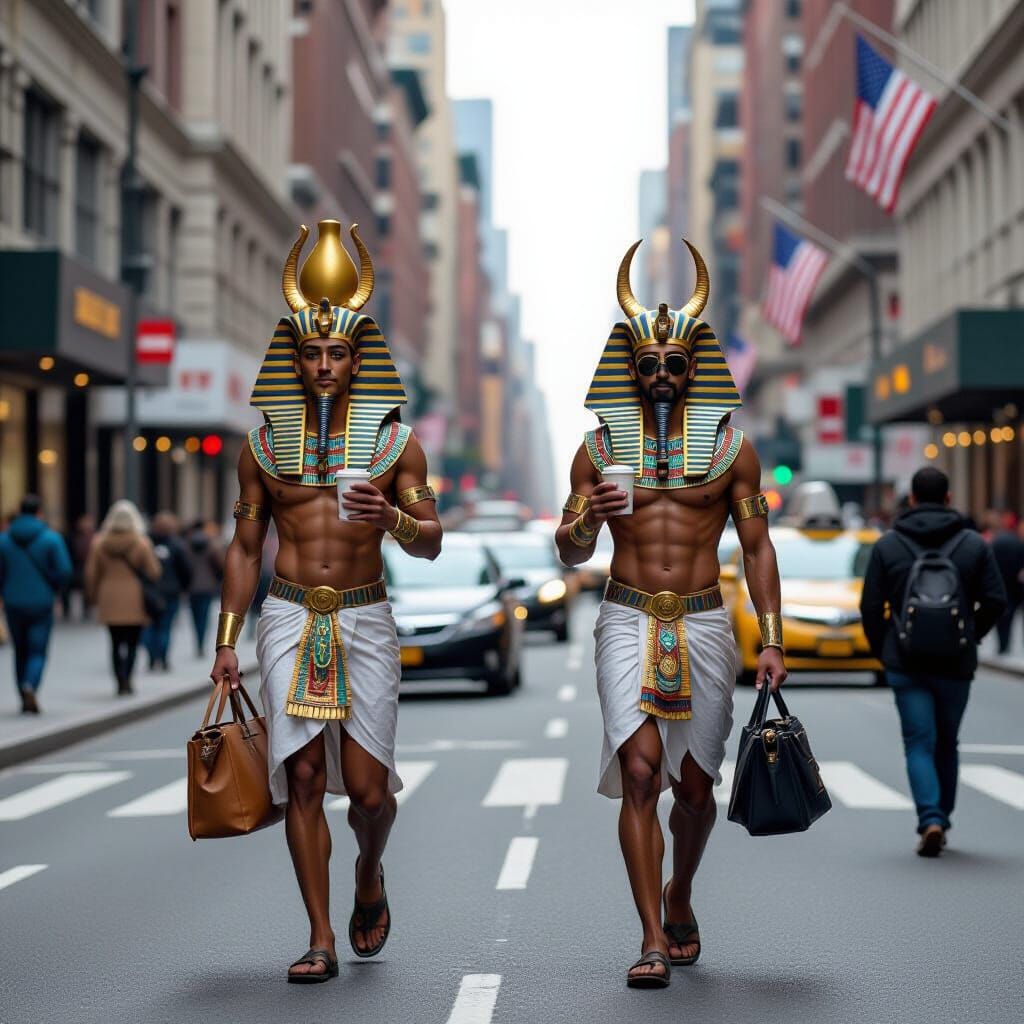 Reimagined modern day Egyptian gods walking down busy new York street drinking coffee in rush hour   by @Kosh