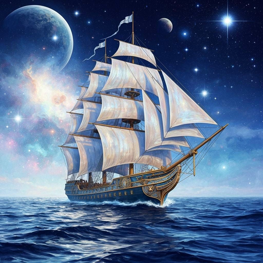 A majestic sailing ship with intricate Art Deco designs navigates through a sea of liquid starlight, with celestial bodies and nebulae visib...