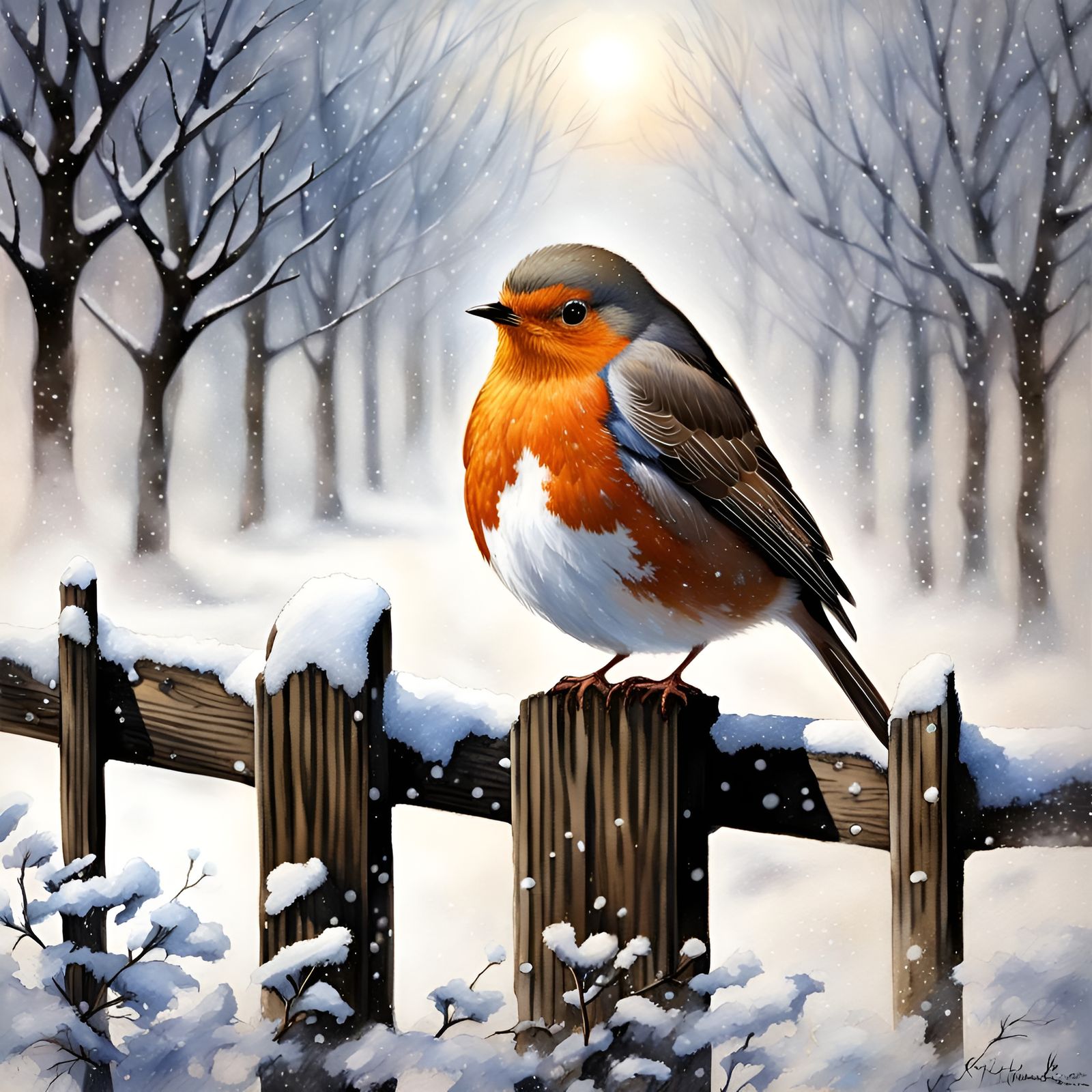 A beautiful ful frit facing  Robin sat on a fence, glitter snow falling down, glittering snow on the ...  by @Irene