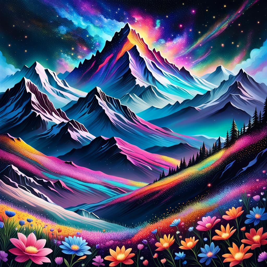 A landscape of gorgeous flower mountains, the sky is black and stars are shining, the ground is covered in flowers, cosmic shower