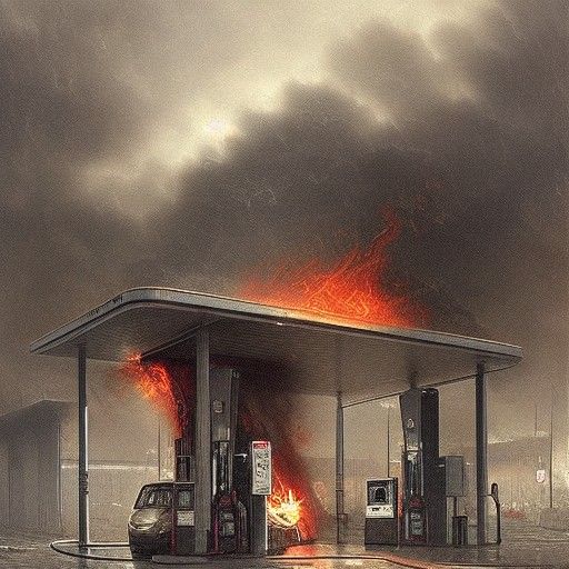 Gas station with fire