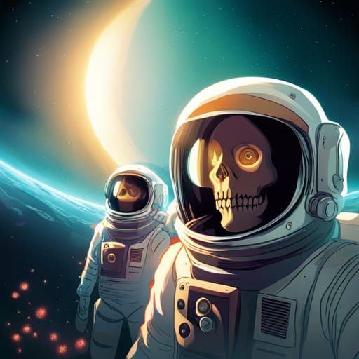 Two Skeleton Astronauts Floating In Deep Space, Horror - Ai Generated 