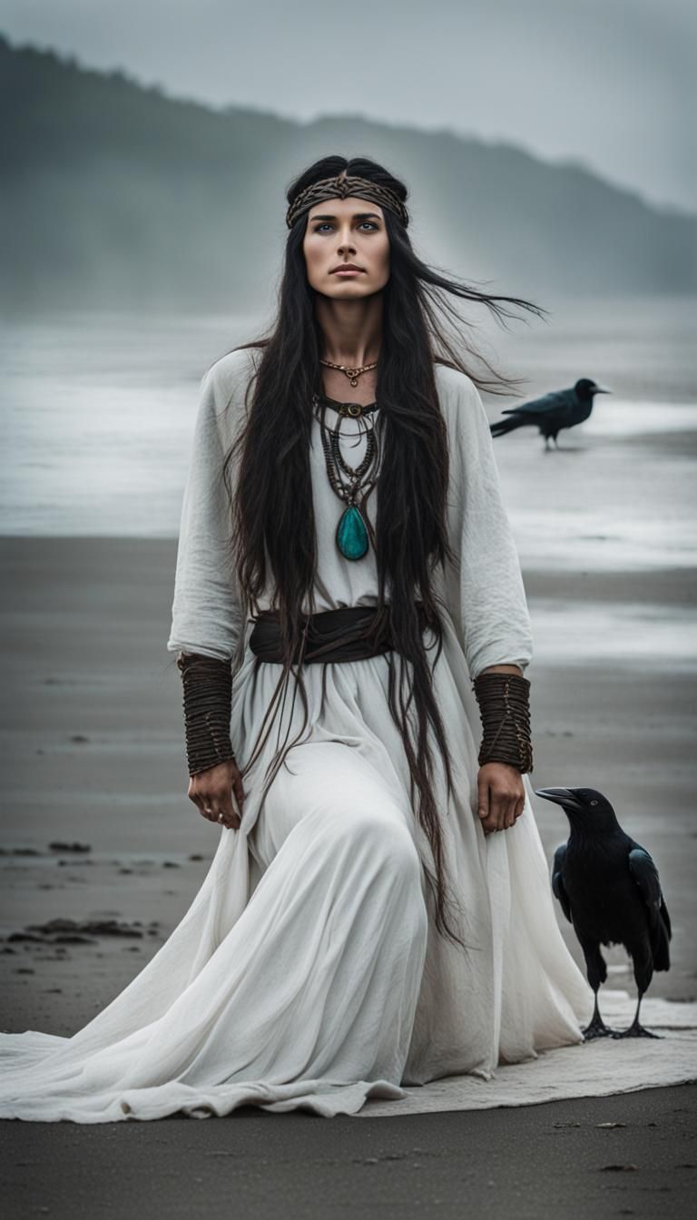 a green eyed woman with white linnen long simple viking dres...