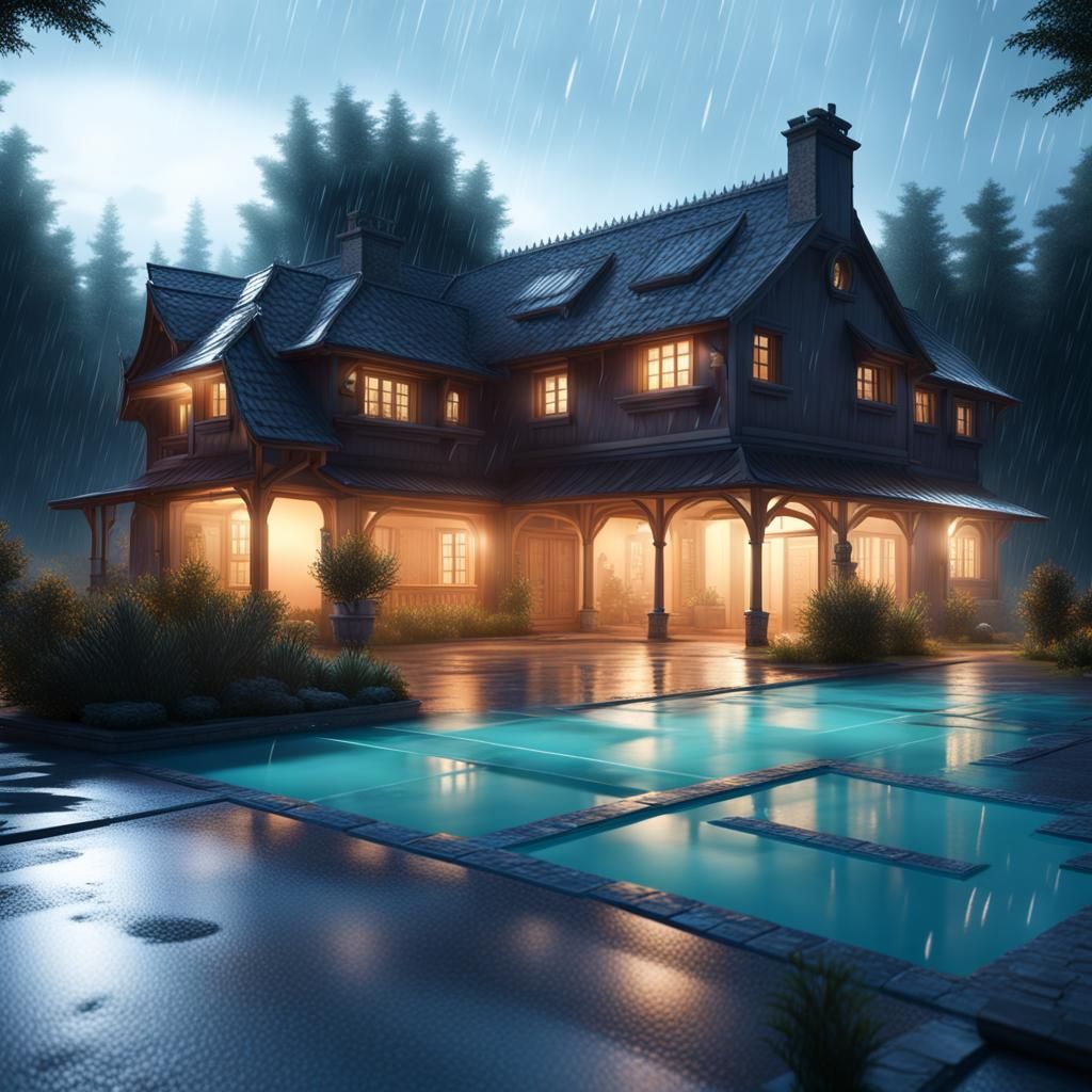 Nighttime House in Rain, Detailed Matte Painting