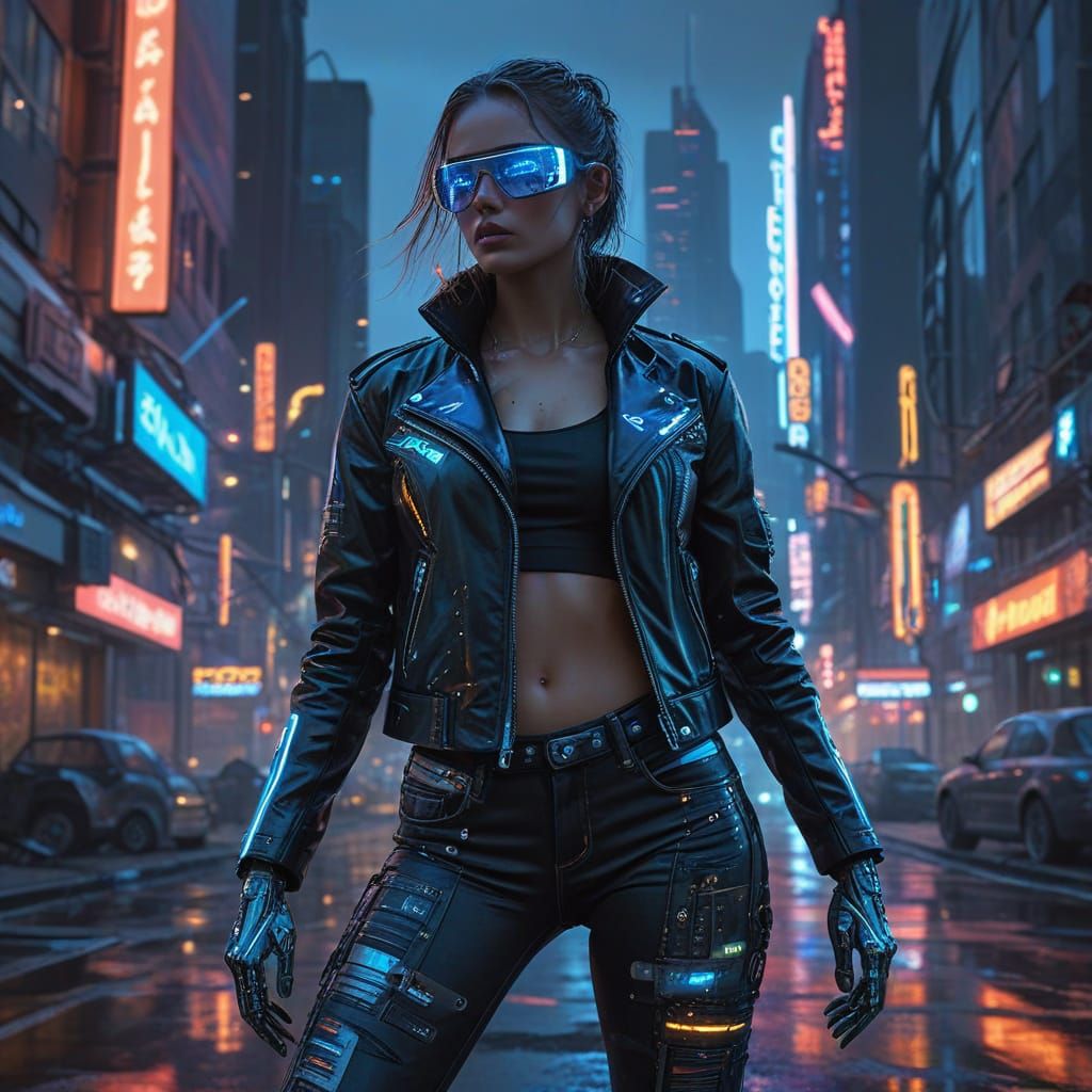 Cyborg Woman in Neon Cityscape with Gritty, Futuristic Style