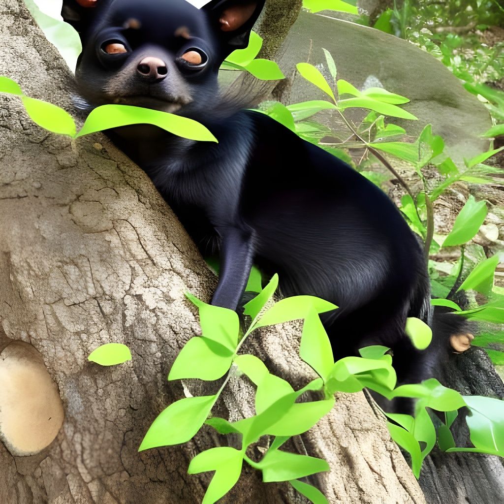 the two black chihuahuas sleeps in the paradise forest under...