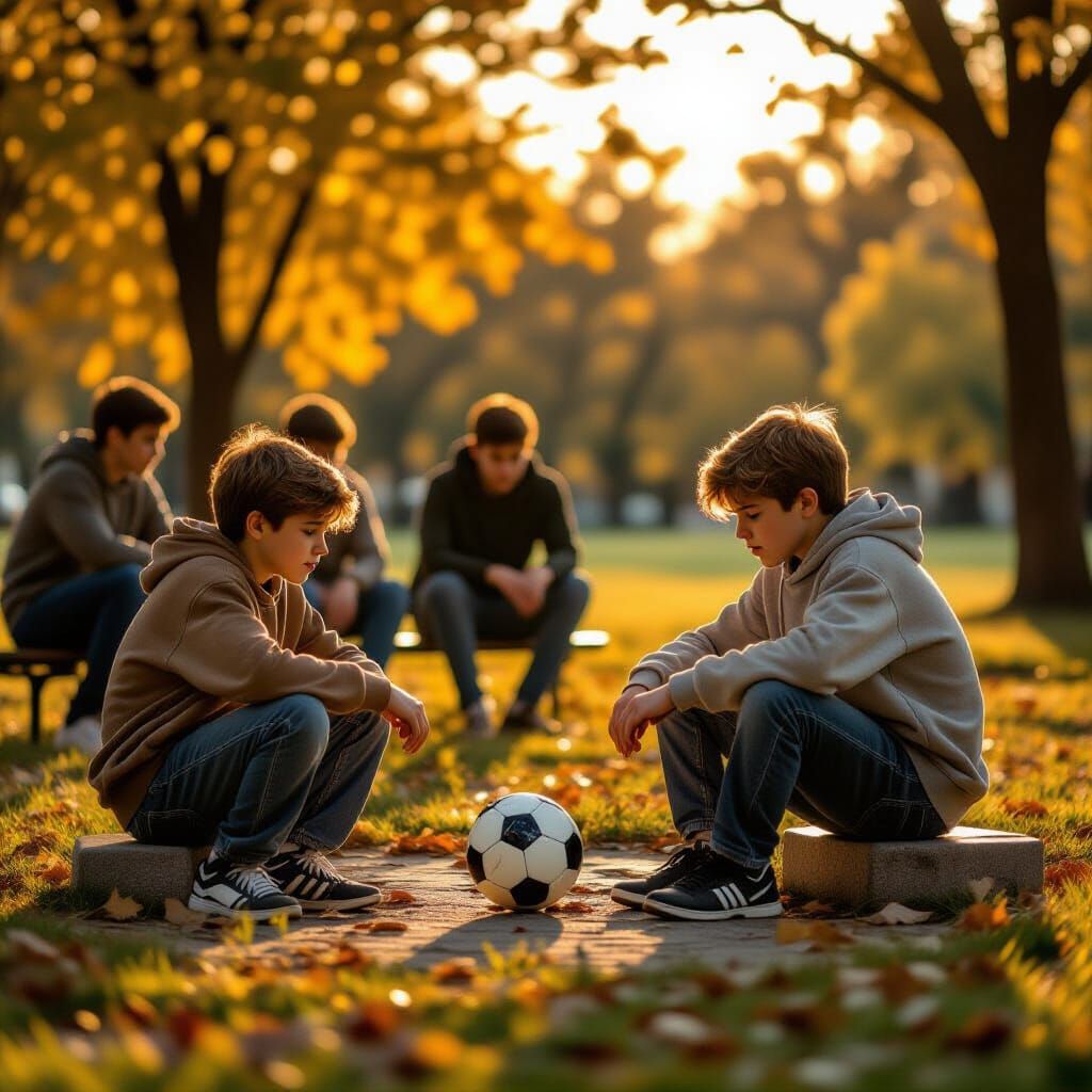 Sad Boy Cries Alone While Friends Play Soccer in Park