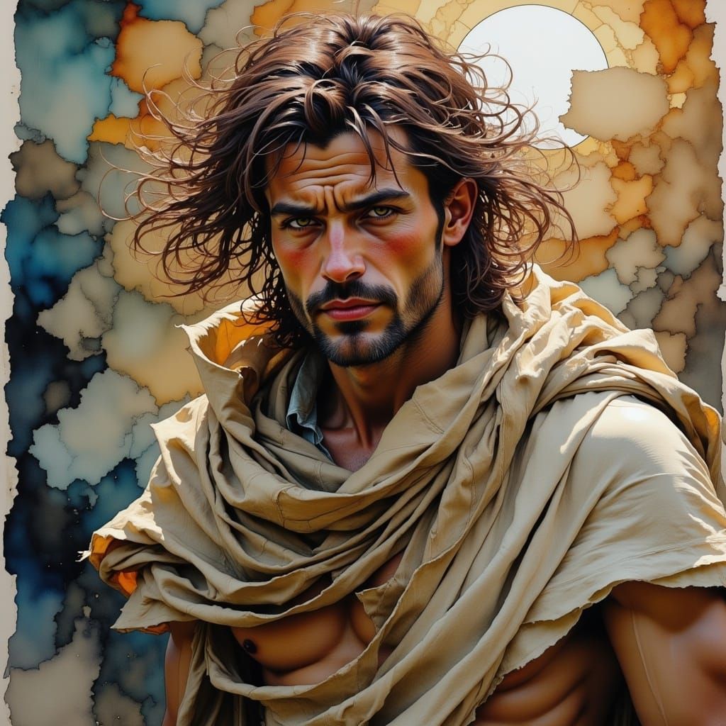 Extreme Closeup gorgeous gypsy man, half smile, Distorted Unbalanced Reality, Wadim Kashin, Willem Haenraets, handsome, athletic man <lora:N...