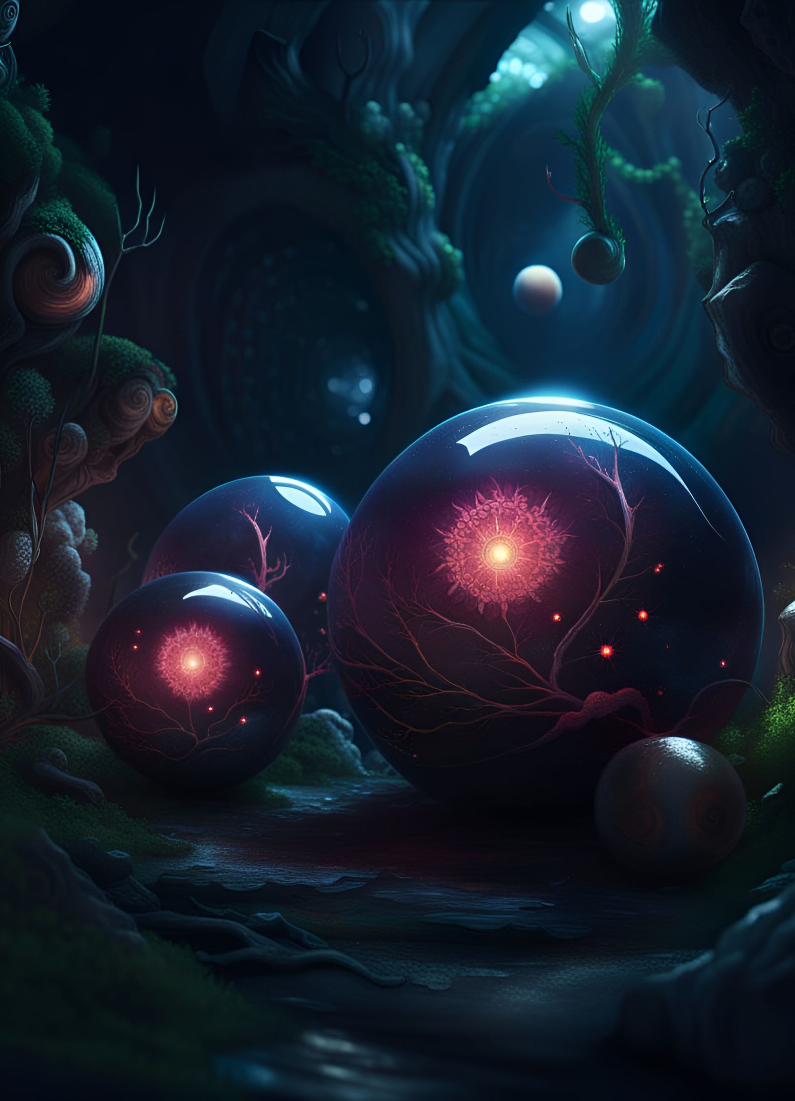 Cosmic Magic Spheres in Dark Kingdom, Detailed Painting