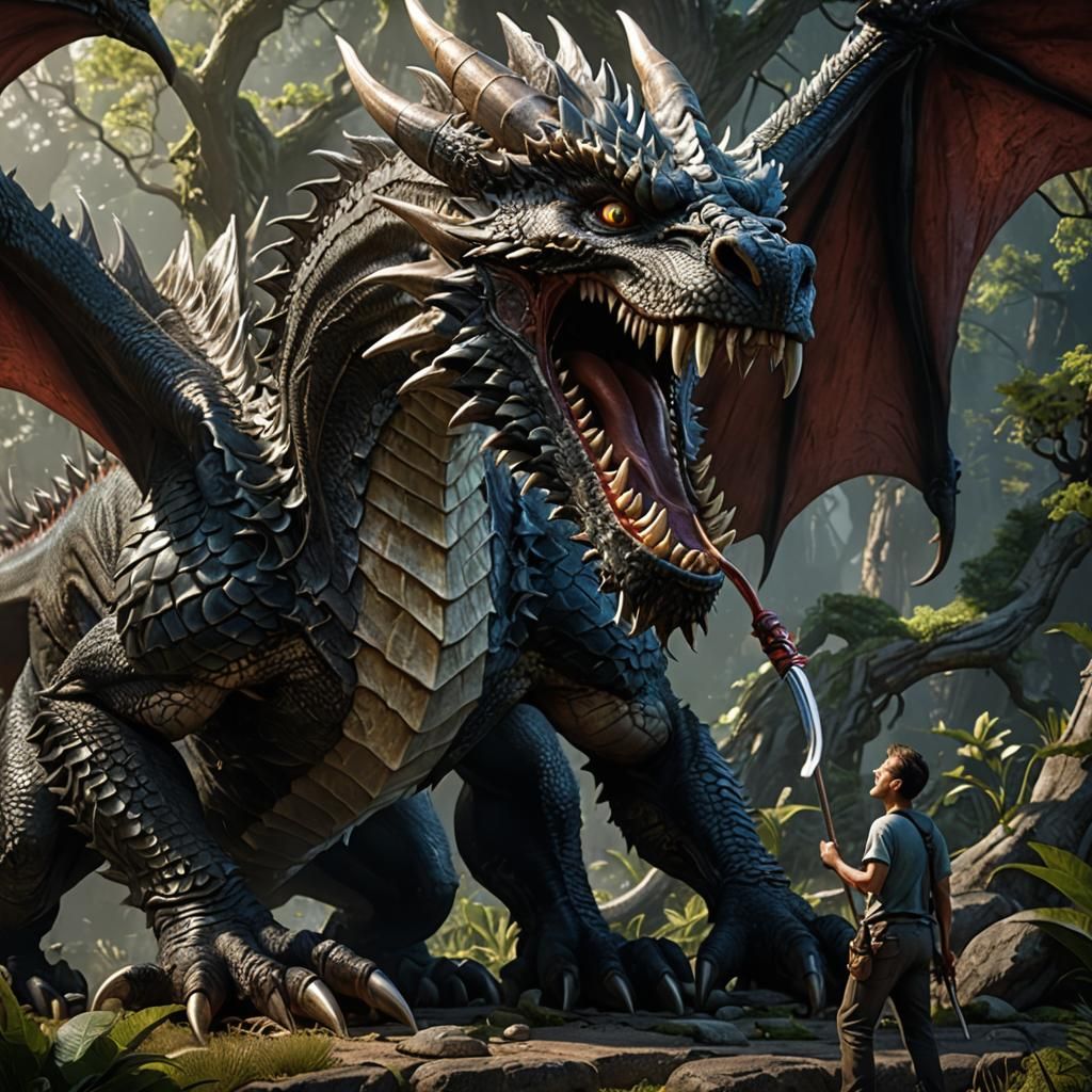 A man holds a giant toothbrush and brushes the teeth of a dragon that has opened its mouth wide. 8k resolution concept art detailed matte pa...