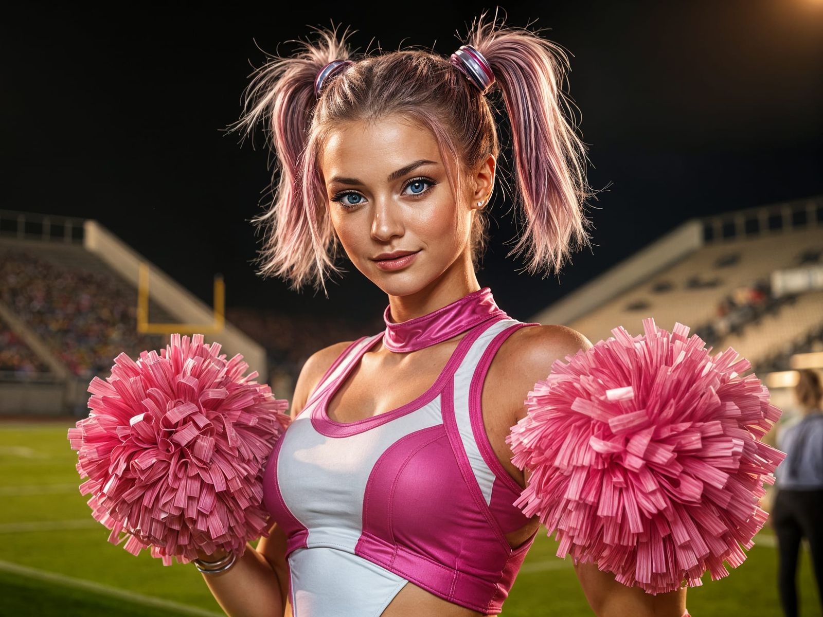 E-Girl Cheerleader in Futuristic Uniform Poses on Football F...