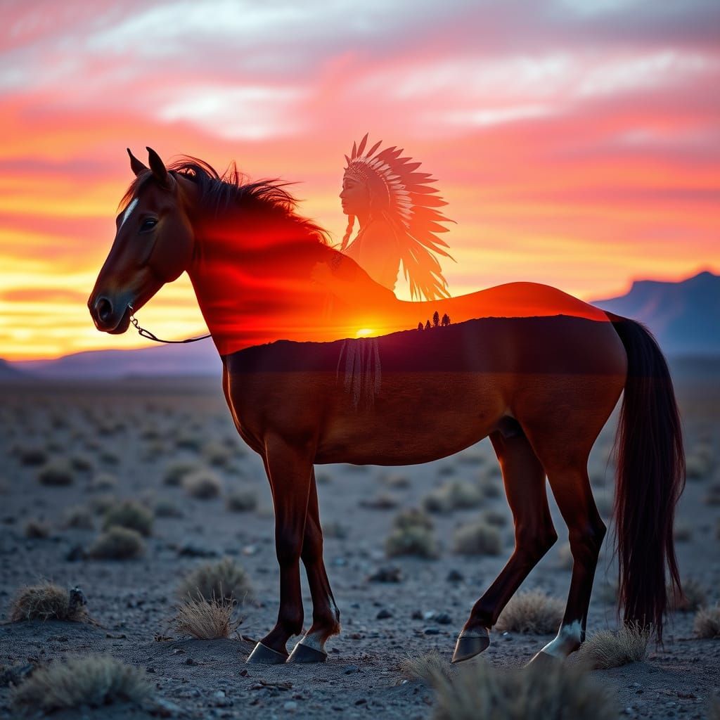 Majestic Thoroughbred Horse Merges with Indian Warrior Woman...