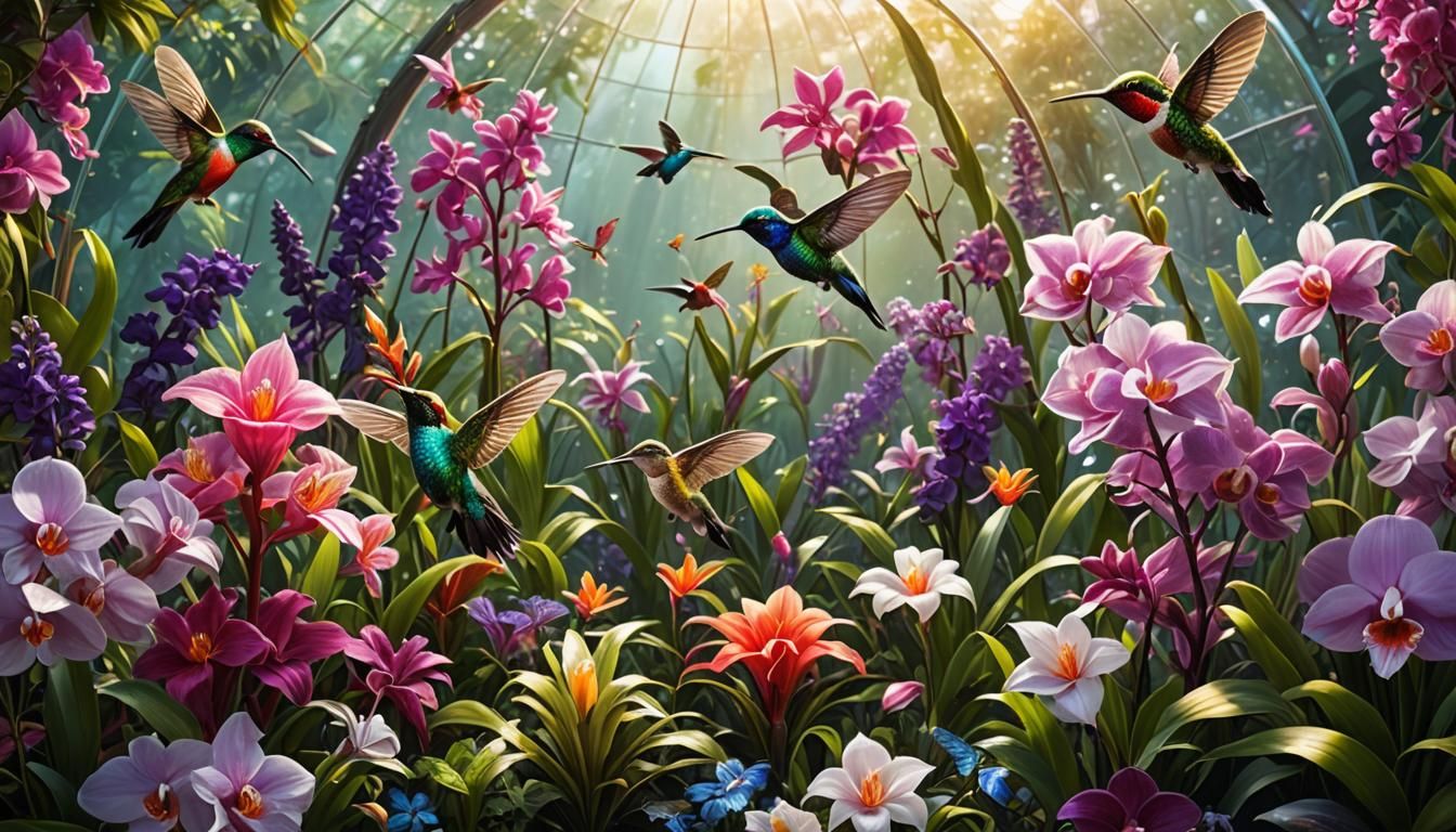 Flower Paradise Inside a Glass Dome with Hummingbirds  by @Moonlight Designs