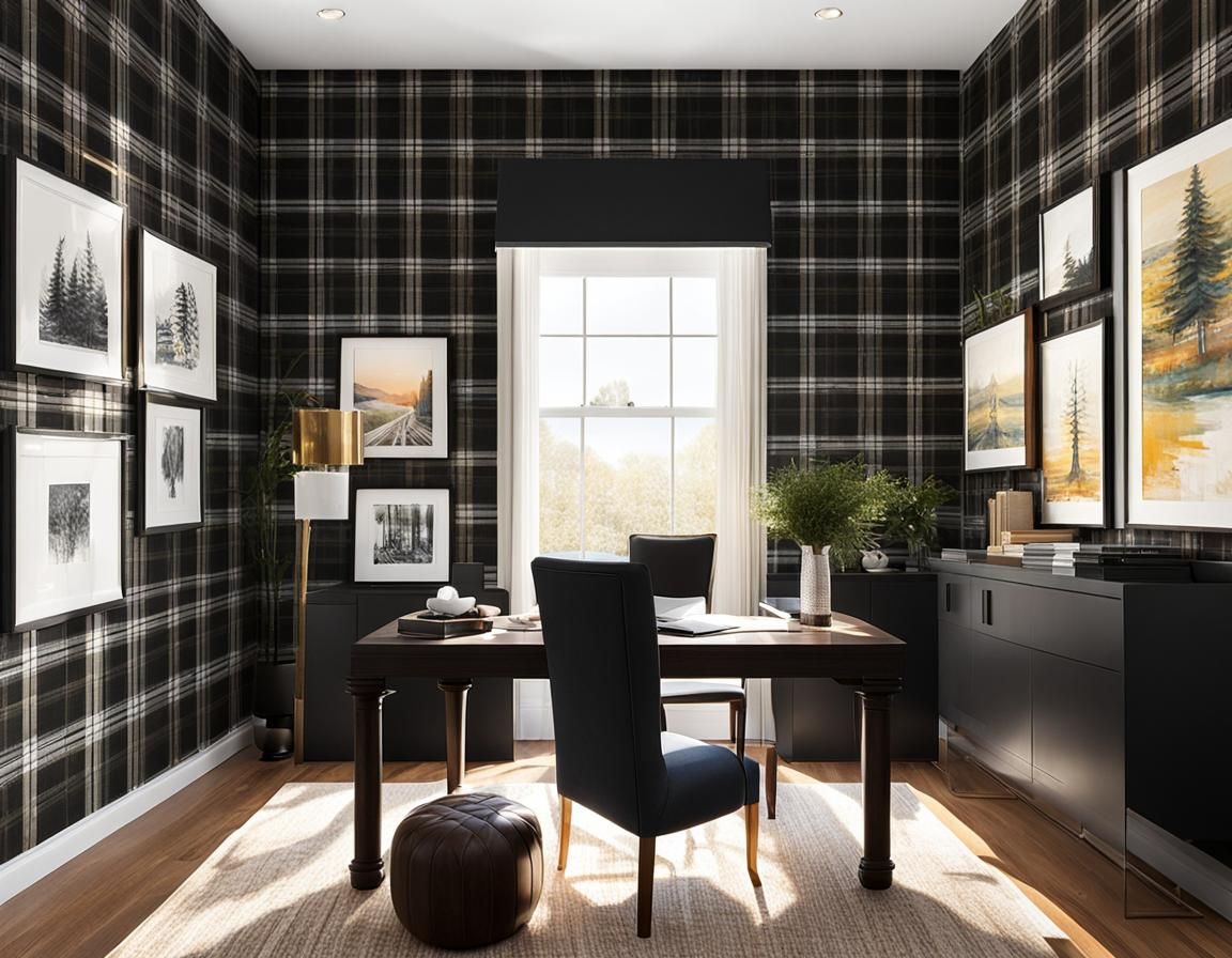 home office with dark plaid wallpaper acrylic art detailed sunshine rays  by @CJ Noble